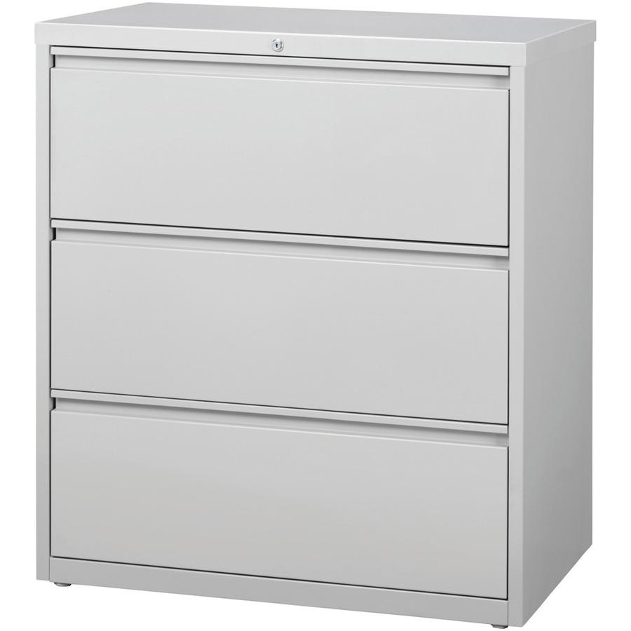 Lorell 3-Drawer Light Gray Lateral Files - 36" x 18.6" x 40.3" - 3 x Drawer(s) for File - Letter, Legal, A4 - Lateral - Locking Drawer, Magnetic Label Holder, Ball-bearing Suspension, Leveling Glide, . Picture 3