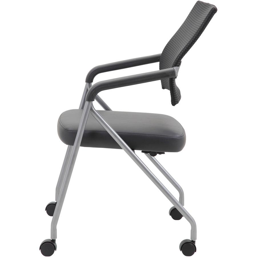 Boss Caressoft Plus Training Chair - Black Vinyl Seat - Black Mesh Back - Pewter Frame - Four-legged Base - Armrest - 2 / Carton. Picture 5