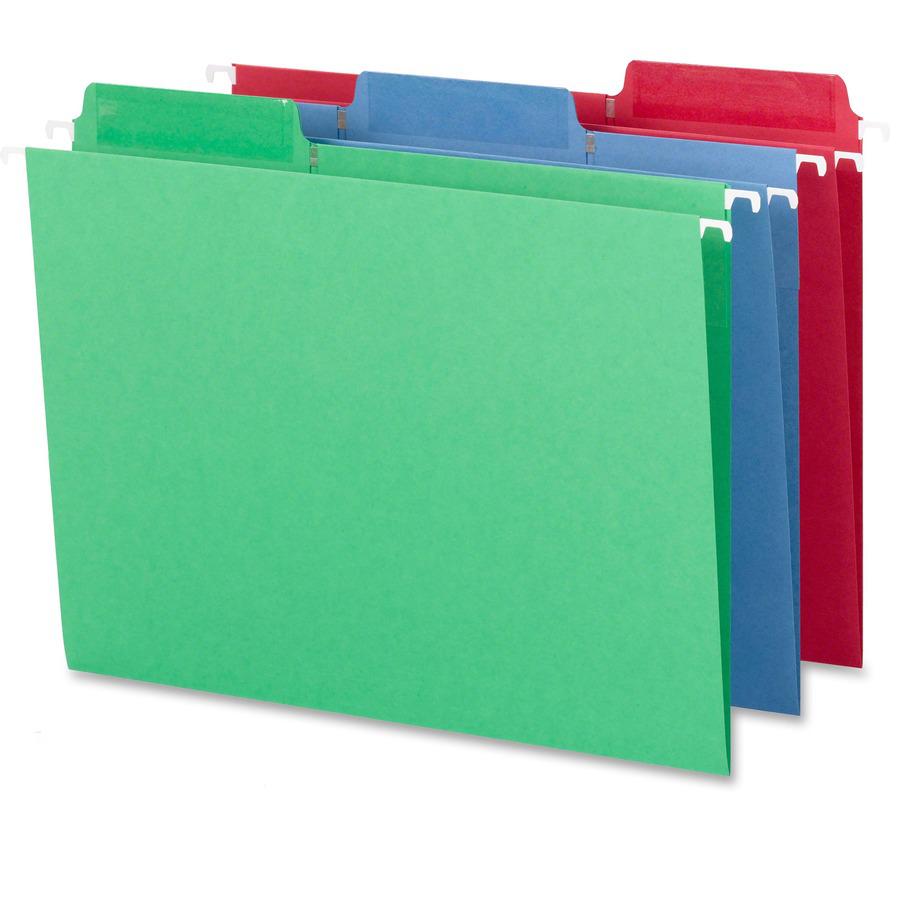 Smead FasTab 1/3 Tab Cut Letter Recycled Hanging Folder - 8 1/2" x 11" - Top Tab Location - Assorted Position Tab Position - Blue, Green, Red - 10% Paper Recycled - 18 / Box. Picture 9