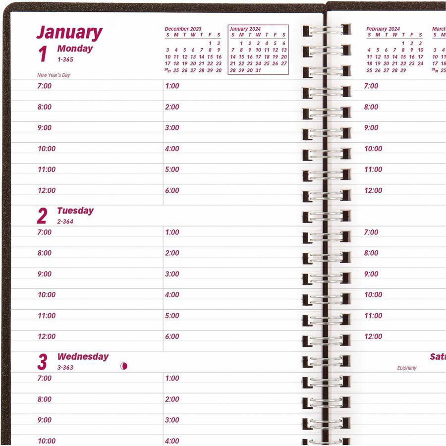 Brownline DuraFlex Weekly Appointment Book - Julian Dates - Weekly - 12 Month - January 2024 - December 2024 - 7:00 AM to 6:00 PM - Hourly - 1 Week Double Page Layout - 5" x 8" Sheet Size - Twin Wire . Picture 6