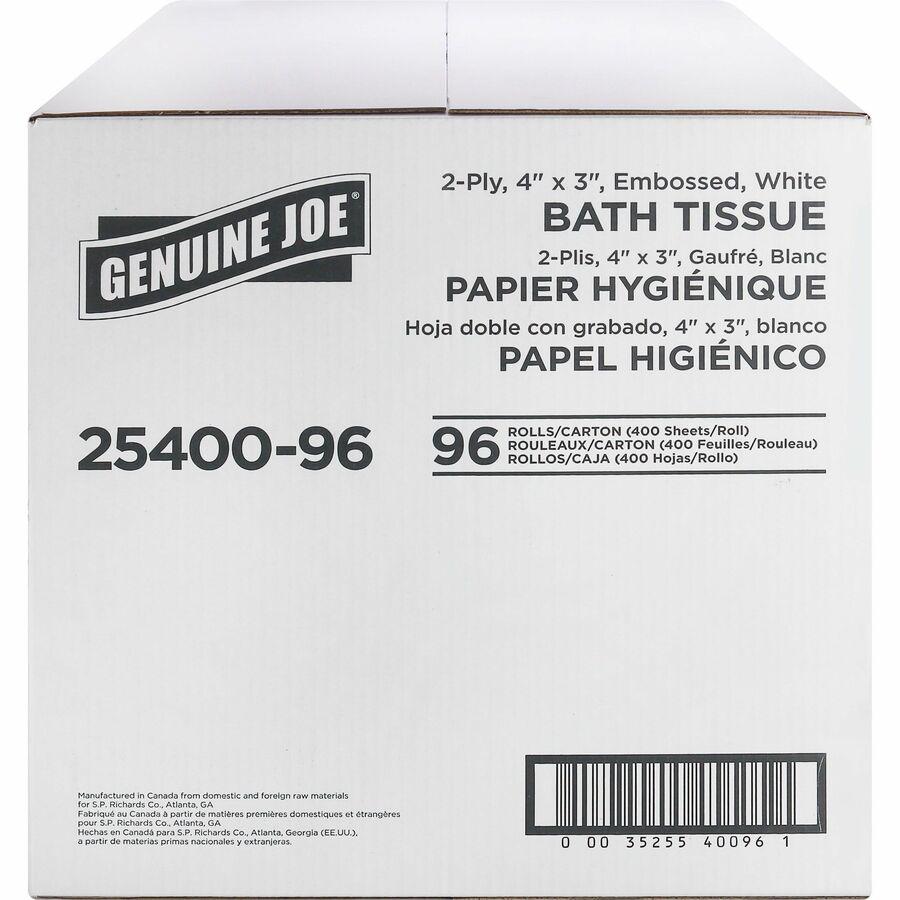 Genuine Joe 2-ply Standard Bath Tissue Rolls - 2 Ply - 3" x 4" - 400 Sheets/Roll - 1.63" Core - White - 96 / Carton. Picture 4