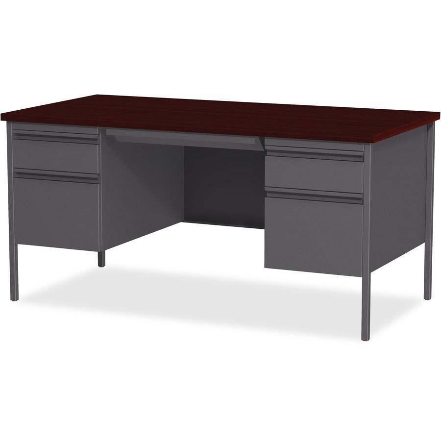 Lorell Fortress Series Double-Pedestal Desk - For - Table TopRectangle Top x 60" Table Top Width x 30" Table Top Depth x 1.12" Table Top Thickness - 29.50" Height - Assembly Required - Laminated, Maho. Picture 5