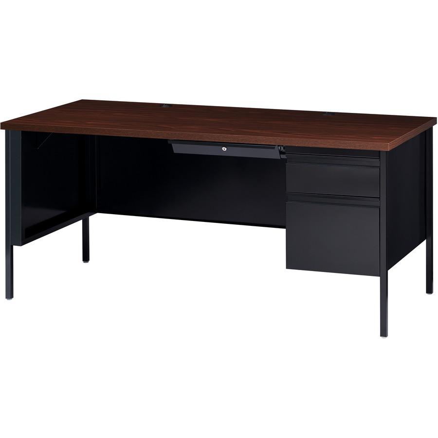 Lorell Fortress Series 66" Right-Pedestal Desk - Laminated Rectangle, Walnut Top - 30" Table Top Length x 66" Table Top Width x 1.13" Table Top Thickness - 29.50" Height - Assembly Required - Black Wa. Picture 6
