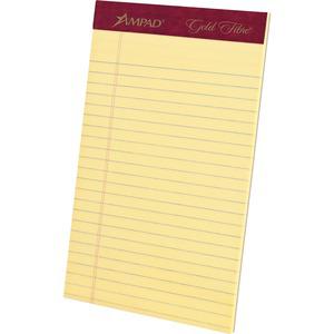 TOPS Gold Fibre Premium Jr. Legal Writing Pads - 50 Sheets - Watermark - Stapled/Glued - 0.28" Ruled - 20 lb Basis Weight - 5" x 8" - Canary Paper - Bleed-free, Chipboard Backing, Micro Perforated - 4. Picture 3