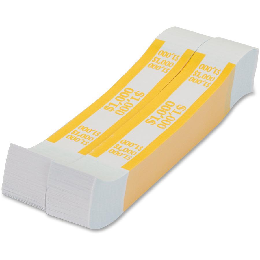 PAP-R Currency Straps - 1.25" Width - Total $1,000 in $10 Denomination - Self-sealing, Self-adhesive, Durable - 20 lb Basis Weight - Kraft - White, Yellow - 1000 / Pack. Picture 2