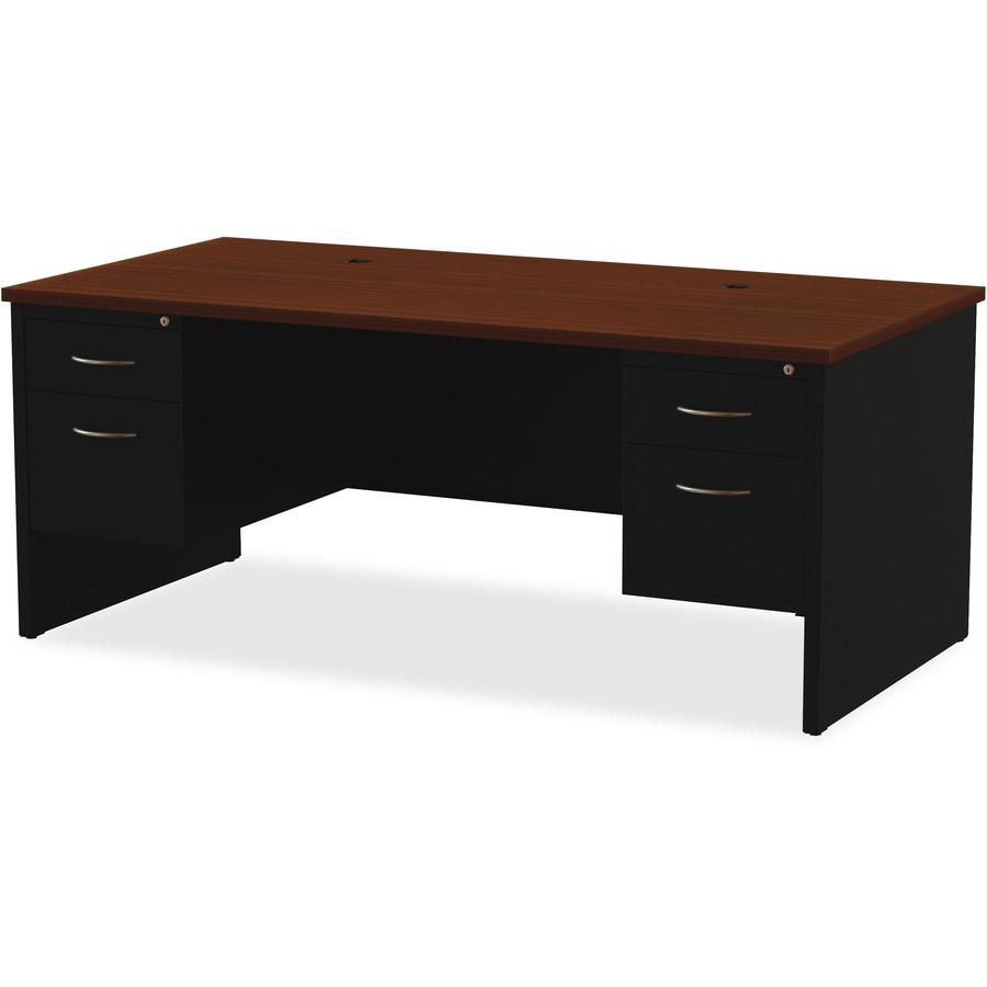 Lorell Fortress Modular Series Double-Pedestal Desk - 72" x 36" , 1.1" Top - 2 x Box, File Drawer(s) - Double Pedestal - Material: Steel - Finish: Walnut Laminate, Black - Scratch Resistant, Stain Res. Picture 6