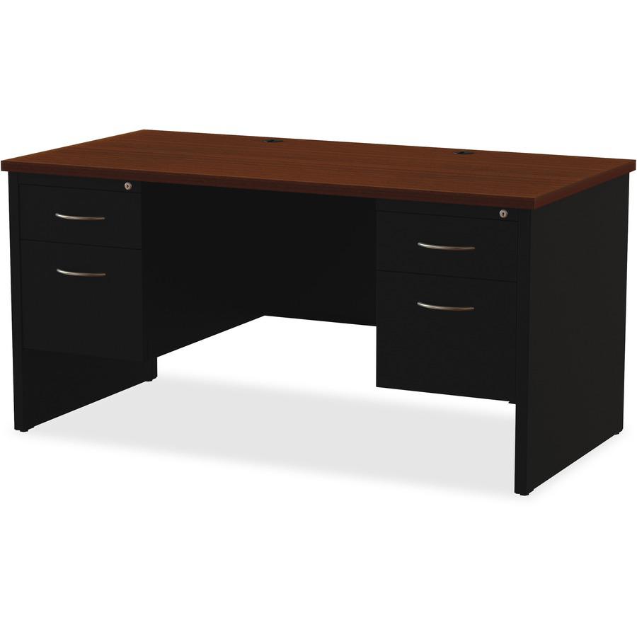 Lorell Fortress Modular Series Double-Pedestal Desk - 60" x 30" , 1.1" Top - 4 x Box, File Drawer(s) - Double Pedestal - Material: Steel - Finish: Walnut Laminate, Black - Scratch Resistant, Stain Res. Picture 6