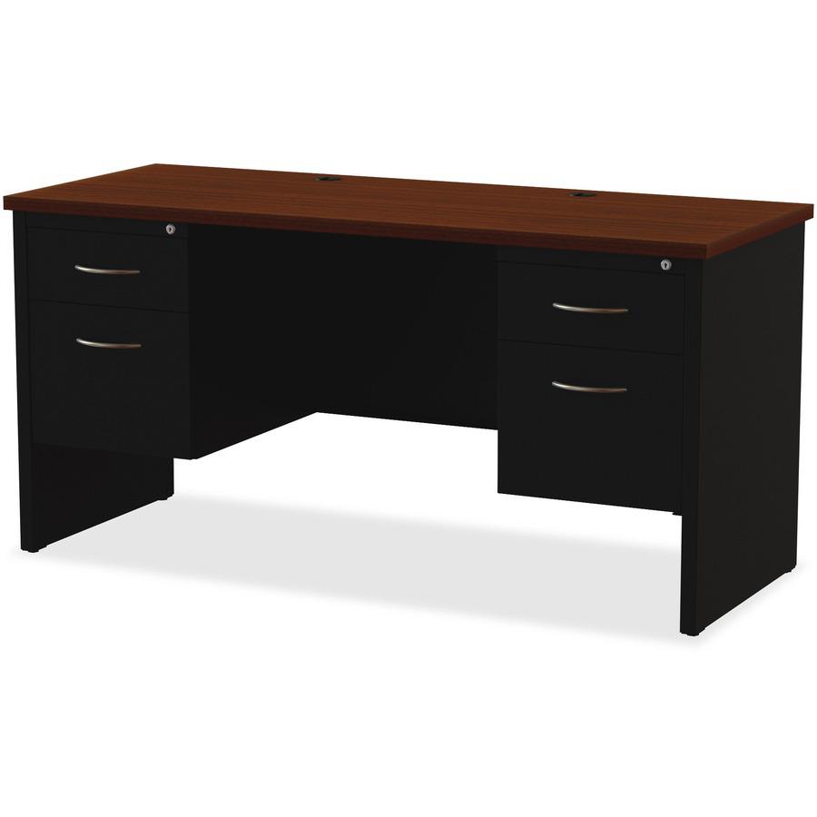 Lorell Fortress Modular Series Double-pedestal Credenza - 60" x 24" , 1.1" Top - 2 x Box, File Drawer(s) - Double Pedestal - Material: Steel - Finish: Walnut Laminate, Black - Scratch Resistant, Stain. Picture 6