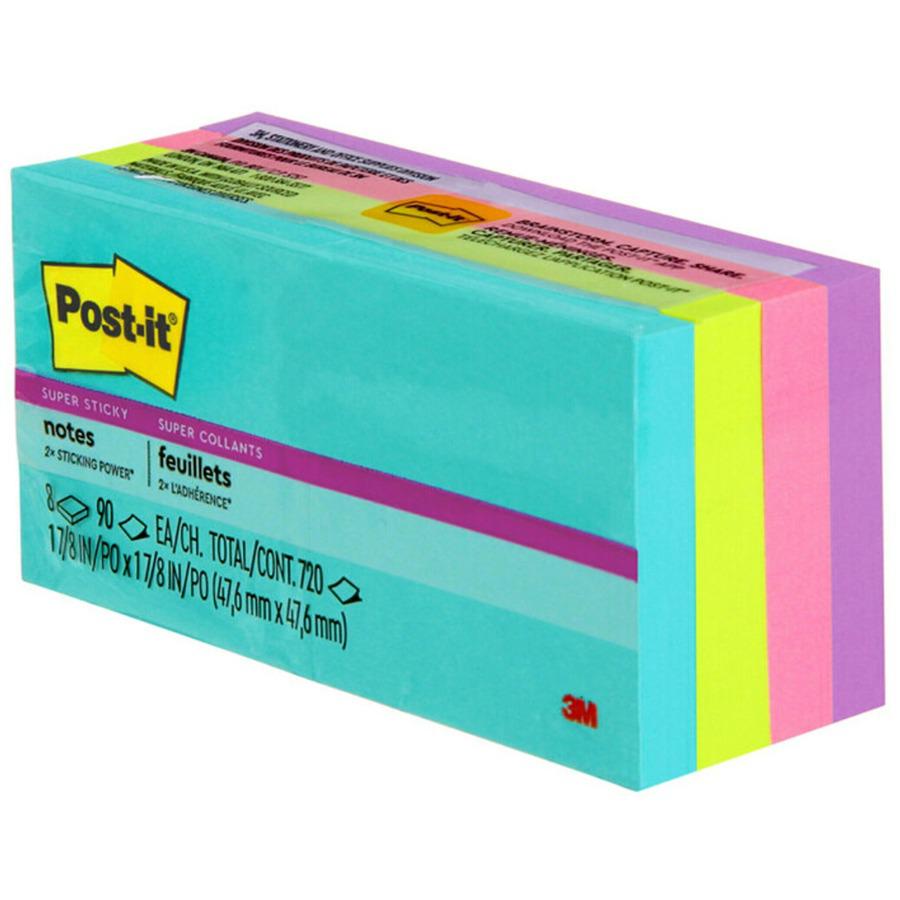 Post-it&reg; Super Sticky Notes - Supernova Neons Color Collection - 720 x Multicolor - 2" x 2" - Rectangle - 90 Sheets per Pad - Aqua Splash, Acid Lime, Tropical Pink, Iris Infusion - Paper - Self-ad. Picture 5
