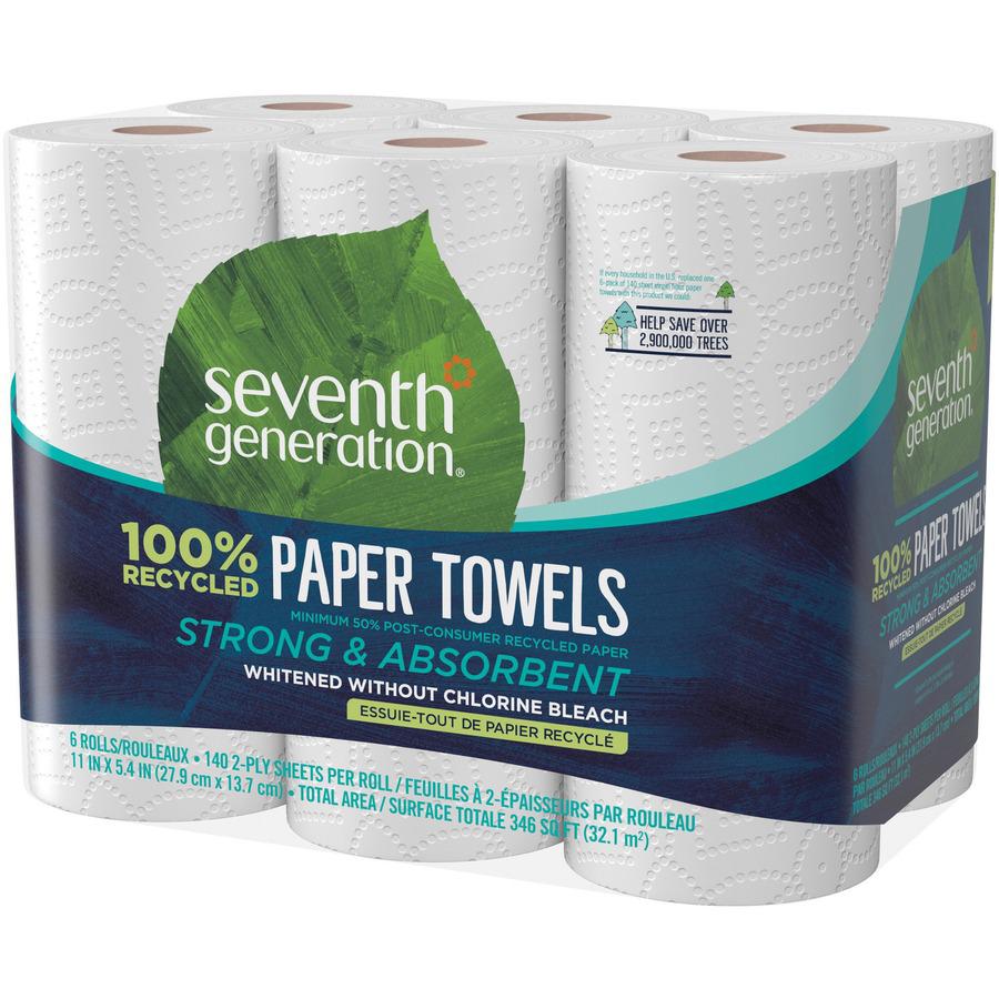 Seventh Generation 100% Recycled Paper Towels - 2 Ply - 11" x 5.40" - 140 Sheets/Roll - White - Paper - 6 Per Pack - 4 / Carton. Picture 3