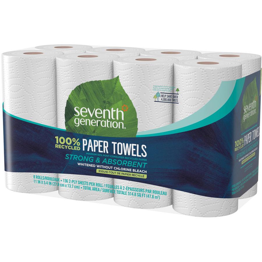 Seventh Generation 100% Recycled Paper Towels - 2 Ply - 156 Sheets/Roll - White - Paper - Absorbent, Chlorine-free, Chemical-free, Dye-free, Fragrance-free - 8 Per Pack - 4 / Carton. Picture 5