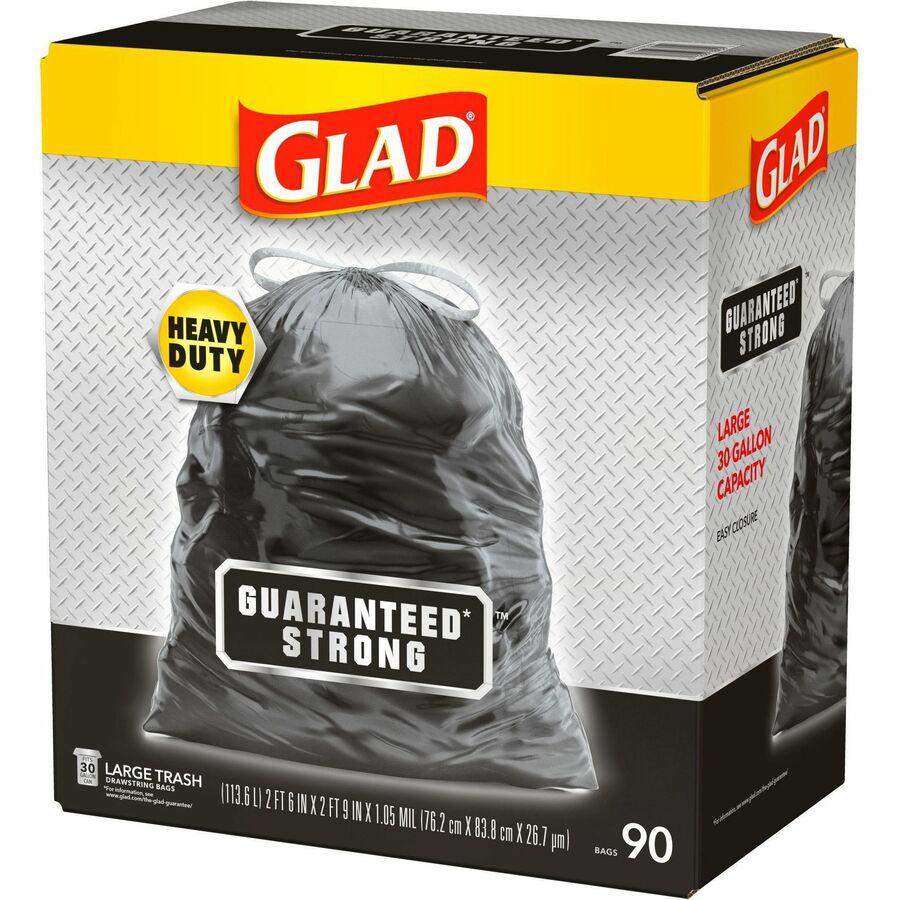 Glad Large Drawstring Trash Bags - Large Size - 30 gal Capacity - 30" Width x 32.99" Length - 1.05 mil (27 Micron) Thickness - Drawstring Closure - Black - Plastic - 90/Carton - Garbage, Indoor, Outdo. Picture 7