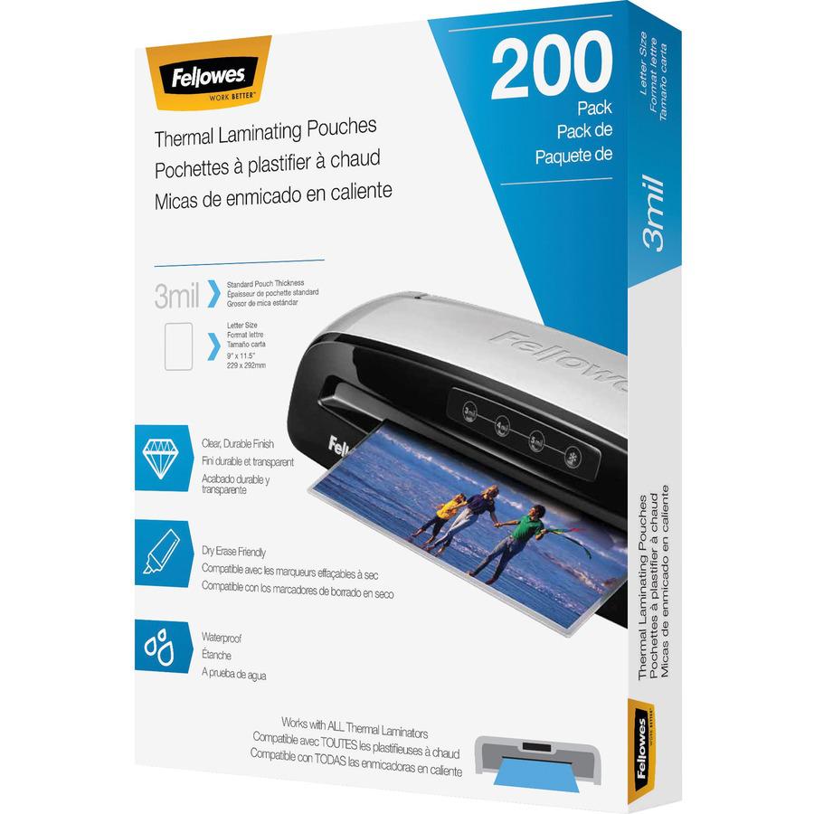 Fellowes Thermal Laminating Pouches - Letter, 3 mil, 200 pack - Sheet Size Supported: Letter 8.50" Width x 11" Length - Laminating Pouch/Sheet Size: 9" Width3 mil Thickness - Durable - Clear - 200 / P. Picture 2