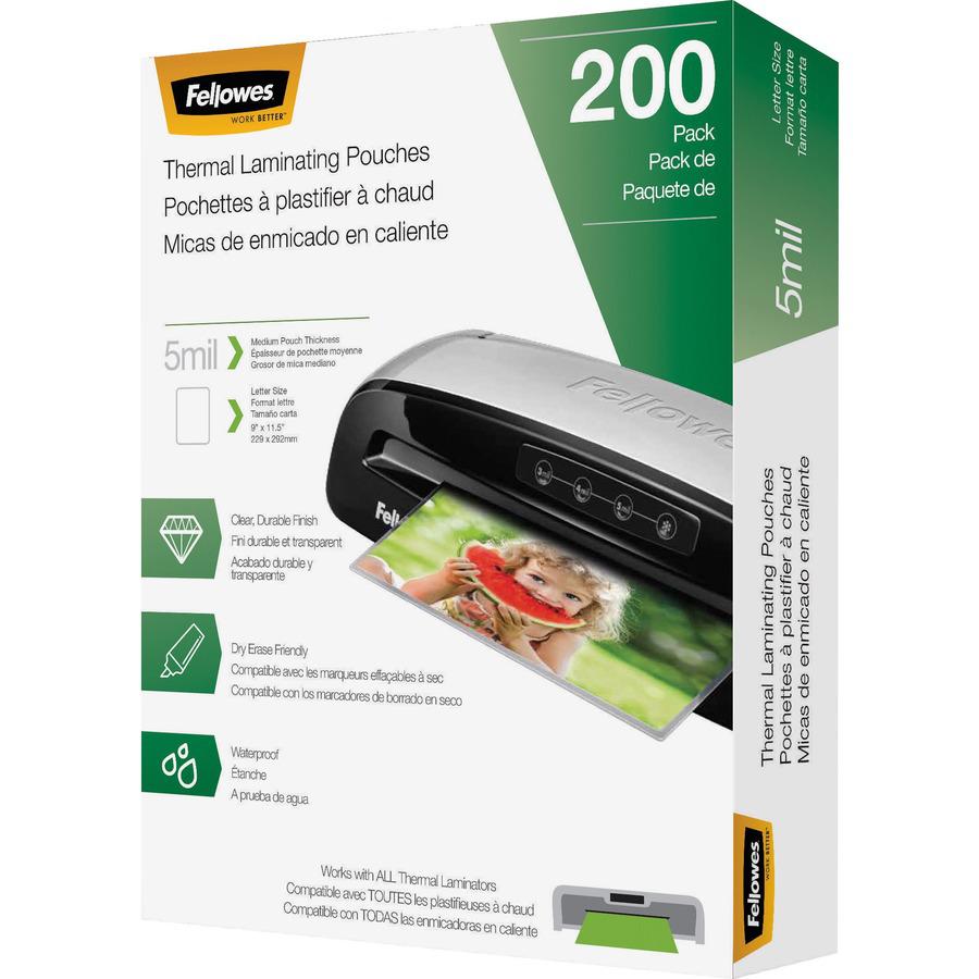 Fellowes Letter-Size Thermal Laminating Pouches - Sheet Size Supported: Letter 8.50" Width x 11" Length - Laminating Pouch/Sheet Size: 9" Width5 mil Thickness - Glossy - for Document - Durable, Photo-. Picture 3