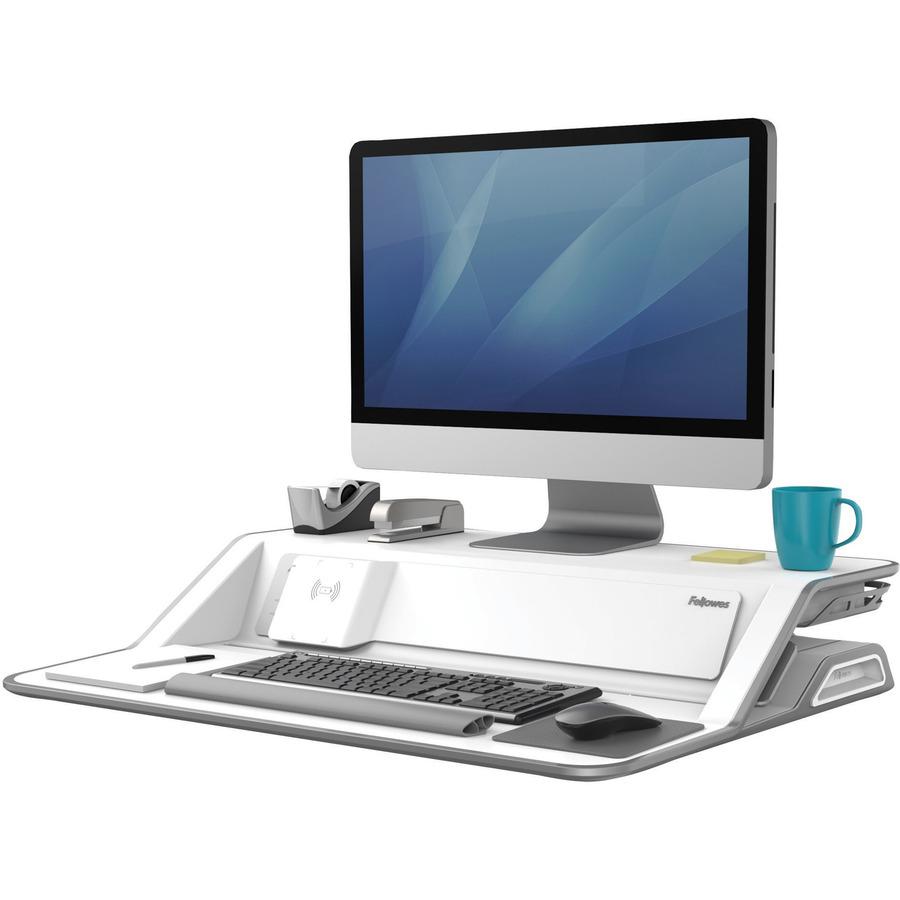 Fellowes Lotus&trade; DX Sit-Stand Workstation - White - 35 lb Load Capacity - 5.5" Height x 32.8" Width x 24.3" Depth - White. Picture 10