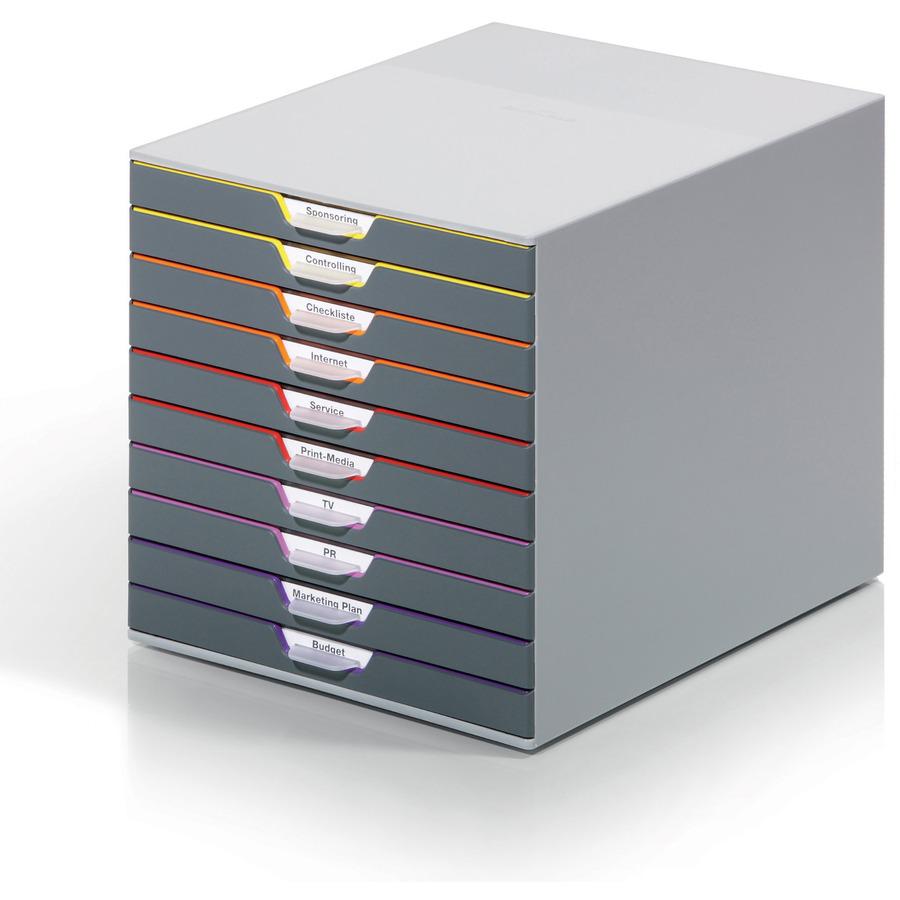DURABLE&reg; VARICOLOR&reg; Desktop 10 Drawer Organizer - 11" W x 11-3/8" H x 14" D - 10 Drawers - Color Labeled Tabs - Charcoal. Picture 4