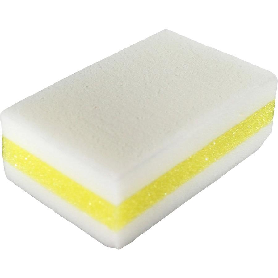 Genuine Joe Dual-Sided Melamine Eraser Amazing Sponges - 4.5" Height x 4.5" Width x 2.8" Depth - 30/Carton - Cellulose - Yellow, White. Picture 3