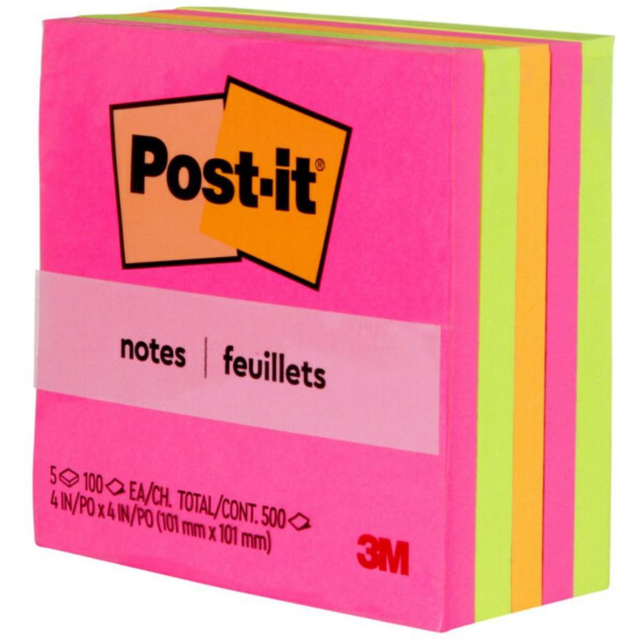 Post-it&reg; Notes - Poptimistic Color Collection - 4" x 4" - Square - 100 Sheets per Pad - Fuchsia, Neon Green, Neon Orange - Repositionable, Self-adhesive - 5 / Pack. Picture 3