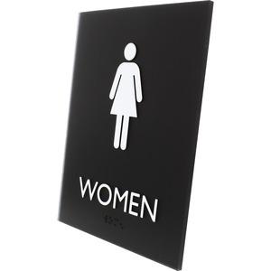 Lorell Women's Restroom Sign - 1 Each - Women Print/Message - 6.4" Width x 8.5" Height - Rectangular Shape - Surface-mountable - Easy Readability, Braille - Plastic - Black. Picture 4