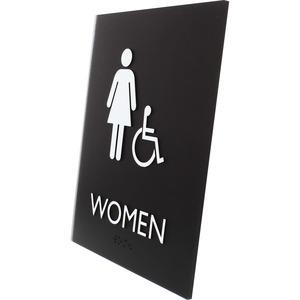 Lorell Restroom Sign - 1 Each - Women Print/Message - 6.4" Width x 8.5" Height - Rectangular Shape - Easy Readability, Braille - Plastic - Black. Picture 3