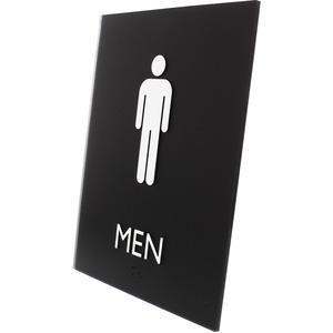 Lorell Men's Restroom Sign - 1 Each - Men Print/Message - 6.4" Width x 8.5" Height - Rectangular Shape - Surface-mountable - Easy Readability, Braille - Plastic - Black. Picture 3