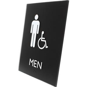 Lorell Men's Handicap Restroom Sign - 1 Each - Men Print/Message - 6.4" Width x 8.5" Height - Rectangular Shape - Surface-mountable - Easy Readability, Braille - Plastic - Black. Picture 4