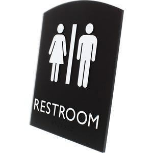Lorell Arched Unisex Restroom Sign - 1 Each - 6.8" Width x 8.5" Height - Rectangular Shape - Surface-mountable - Easy Readability, Braille - Plastic - Black. Picture 6