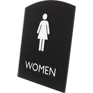 Lorell Arched Women's Restroom Sign - 1 Each - Women Print/Message - 6.8" Width x 8.5" Height - Rectangular Shape - Surface-mountable - Easy Readability, Braille - Plastic - Black. Picture 5