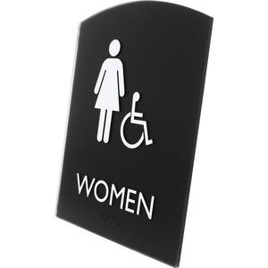 Lorell Arched Women's Handicap Restroom Sign - 1 Each - Women Print/Message - 6.8" Width x 8.5" Height - Rectangular Shape - Surface-mountable - Easy Readability, Braille - Plastic - Black. Picture 4
