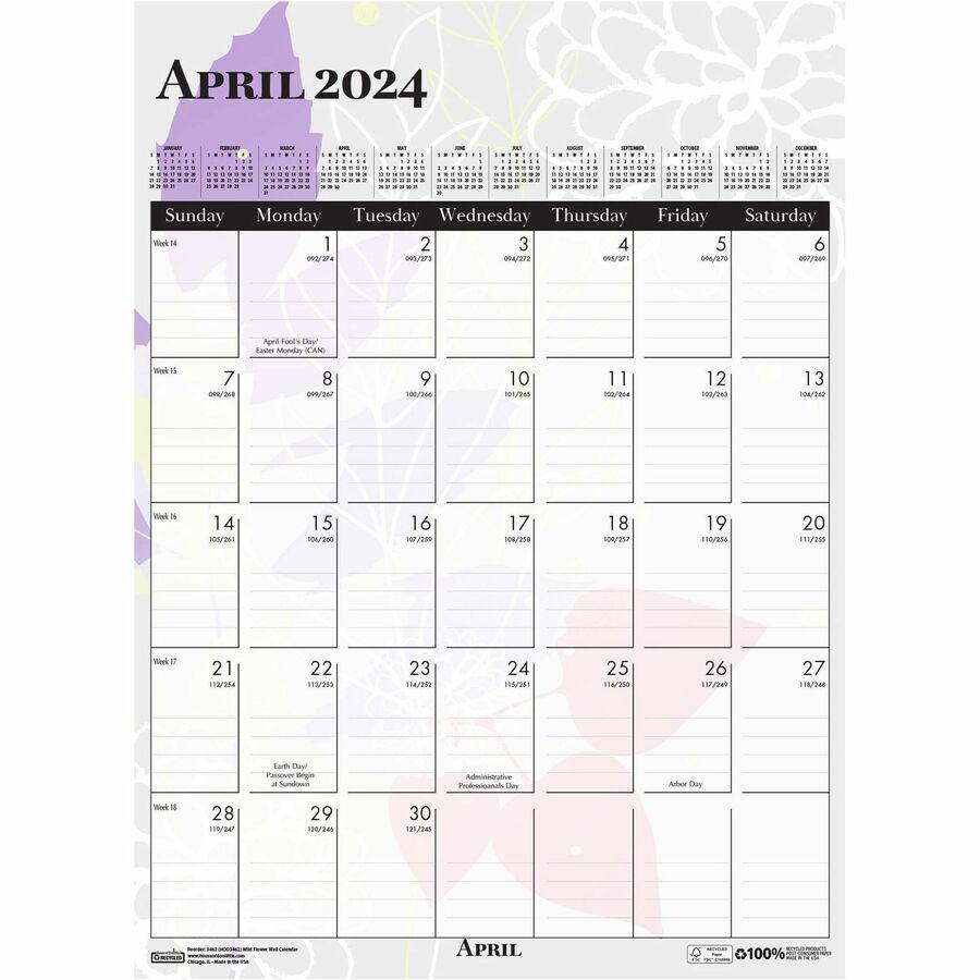 House of Doolittle Wild Flower Monthly Wall Calendar - Large Size - Julian Dates - Monthly - 12 Month - January - December - 1 Month Single Page Layout - Wire Bound - Chipboard - 16.5" Height x 12" Wi. Picture 8