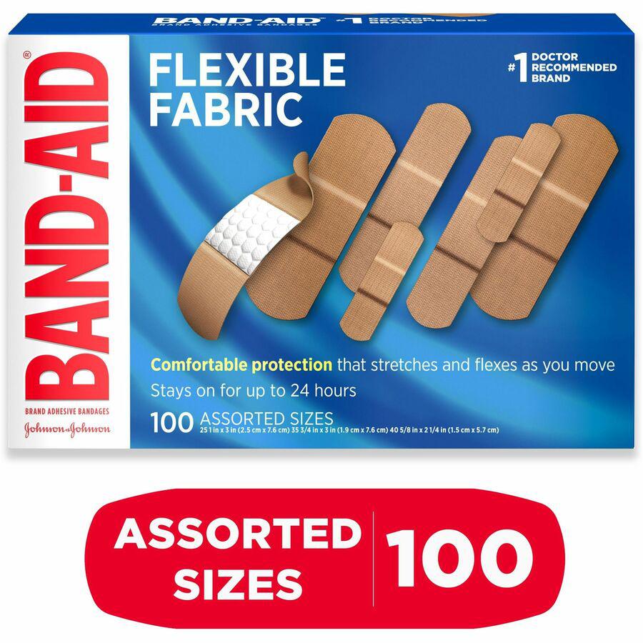 Band-Aid Flexible Fabric Adhesive Bandages - Assorted Sizes - 100/Box - Beige - Fabric. Picture 5