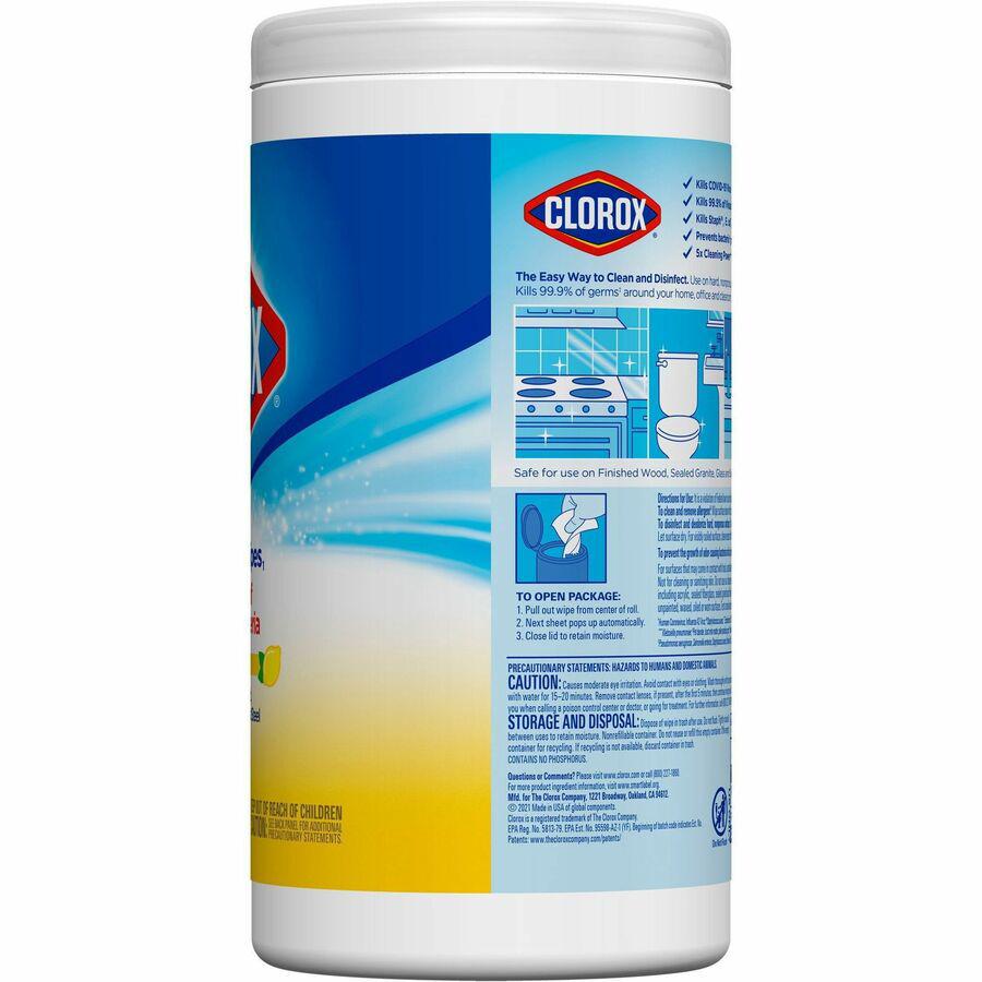 Clorox Disinfecting Cleaning Wipes Value Pack - Bleach-free - Ready-To-Use - Crisp Lemon Scent - 75 / Can - 6 / Carton - Anti-bacterial - White. Picture 6