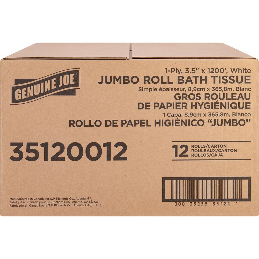 Genuine Joe 1-ply Jumbo Roll Bath Tissue - 1 Ply - 3.63" x 1200 ft - 8.88" Roll Diameter - White - Fiber - 12 / Carton. Picture 7