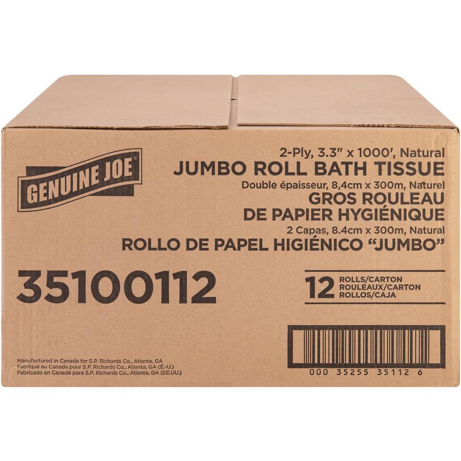 Genuine Joe Jumbo Jr Dispenser Bath Tissue Roll - 2 Ply - 3.30" x 1000 ft - 8.88" Roll Diameter - White - Fiber - 12 / Carton. Picture 5