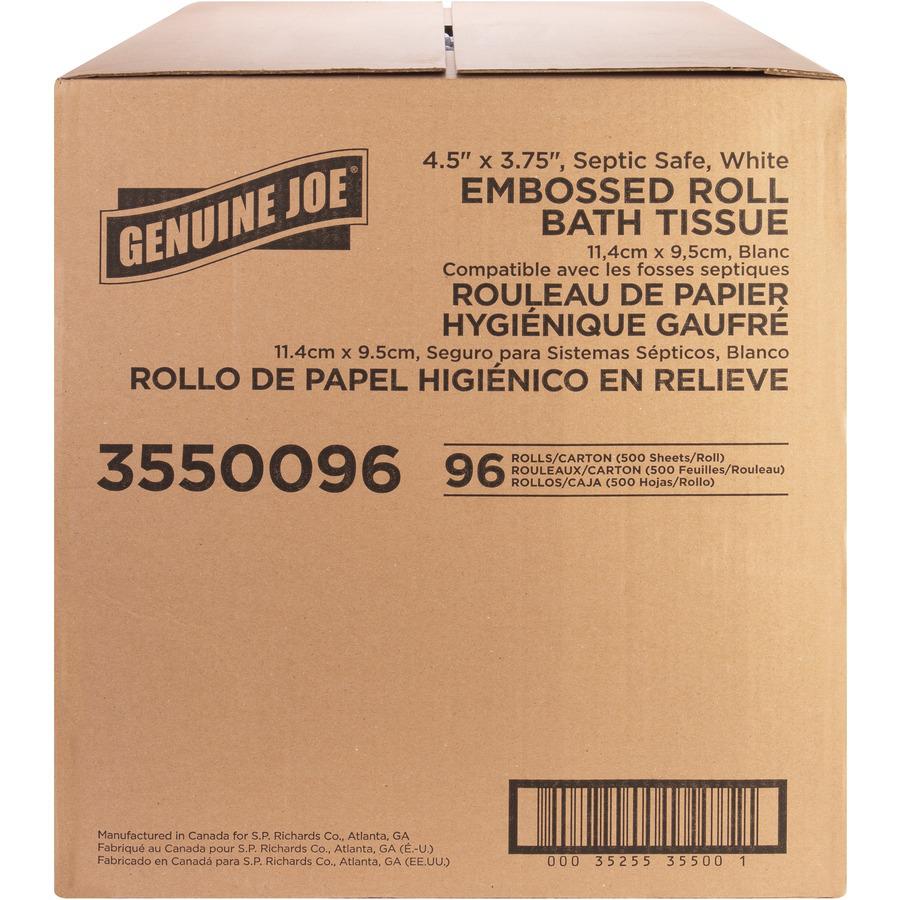 Genuine Joe 2-ply Bath Tissue - 2 Ply - 4.50" x 3.80" - 500 Sheets/Roll - White - Fiber - 96 / Carton. Picture 5