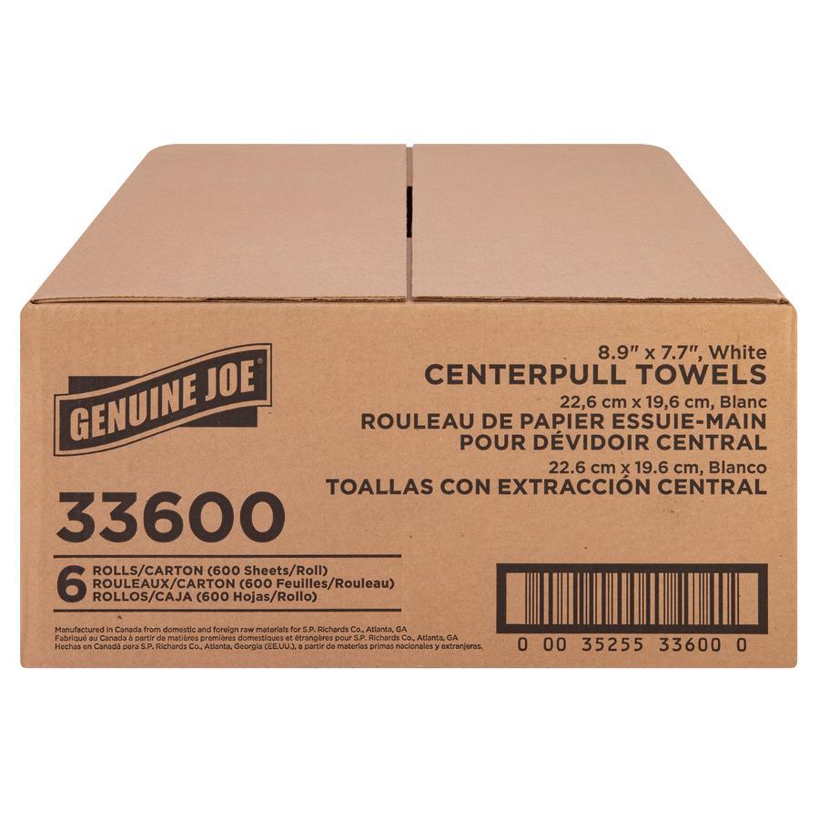 Genuine Joe Centerpull Towel Rolls - 600 Sheets/Roll - White - Virgin Fiber - 6 / Carton. Picture 5