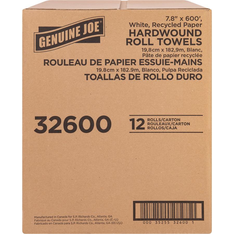 Genuine Joe Hardwound Roll Paper Towels - 7.80" x 600 ft - 2" Core - White - Paper - 12 / Carton. Picture 4