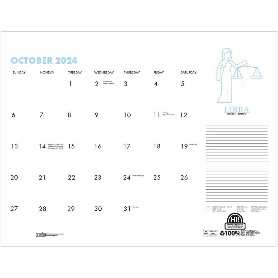 House of Doolittle Zodiac Monthly Desk Pad Calendar - Julian Dates - Monthly - 12 Month - January - December - 1 Month Single Page Layout - 18 1/2" x 13" Sheet Size - Headband - Desk Pad - Black, Mult. Picture 8