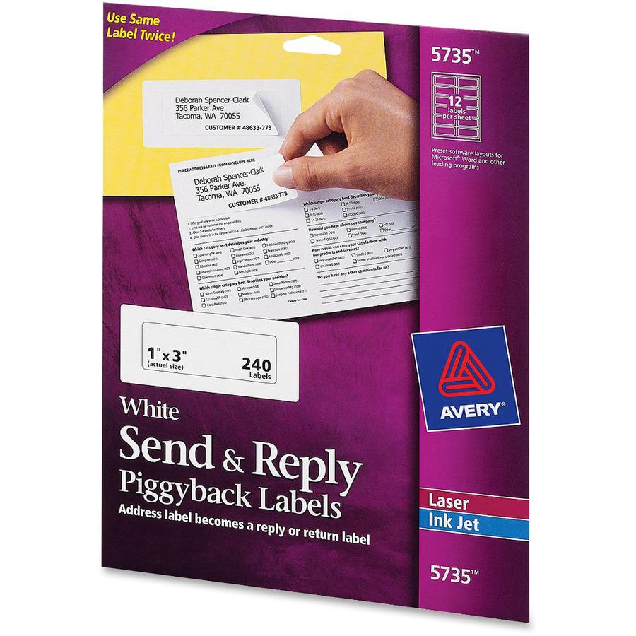 Avery&reg; Send & Reply Piggyback Labels - 1" Width x 3" Length - Permanent Adhesive - Rectangle - Laser, Inkjet - White - Paper - 12 / Sheet - 20 Total Sheets - 240 Total Label(s) - 240 / Pack. Picture 4
