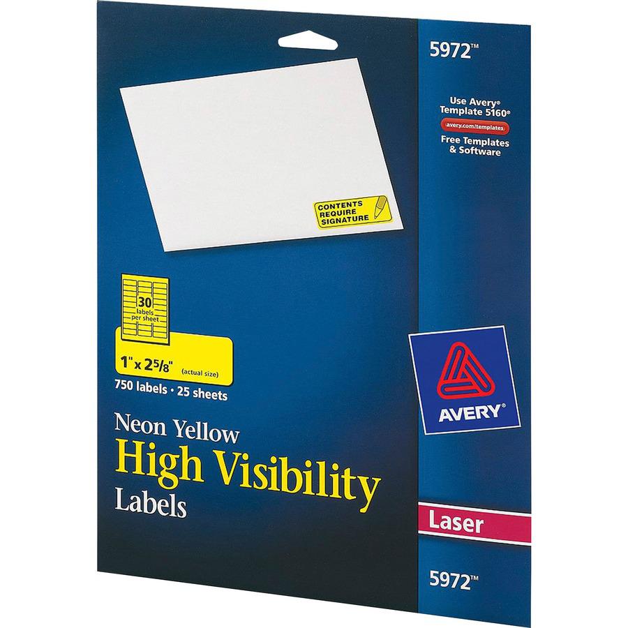 Avery&reg; Shipping Labels - 1" Width x 2 5/8" Length - Permanent Adhesive - Rectangle - Laser - Neon Yellow - Paper - 30 / Sheet - 25 Total Sheets - 750 Total Label(s) - 750 / Pack. Picture 3