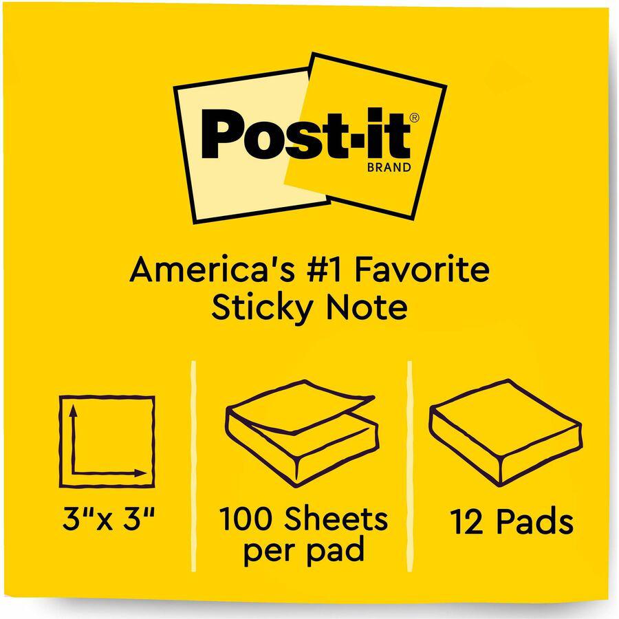 Post-it&reg; Notes Original Notepads - 3" x 3" - Square - 100 Sheets per Pad - Unruled - Canary Yellow - Paper - Self-adhesive, Repositionable - 12 / Pack. Picture 8