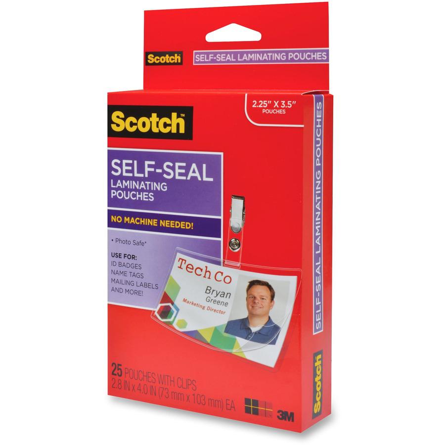 Scotch Self-Laminating ID Clip-Style Pouches - Support 4" x 2.80" Media - Horizontal - 25 / Pack - Clear. Picture 3