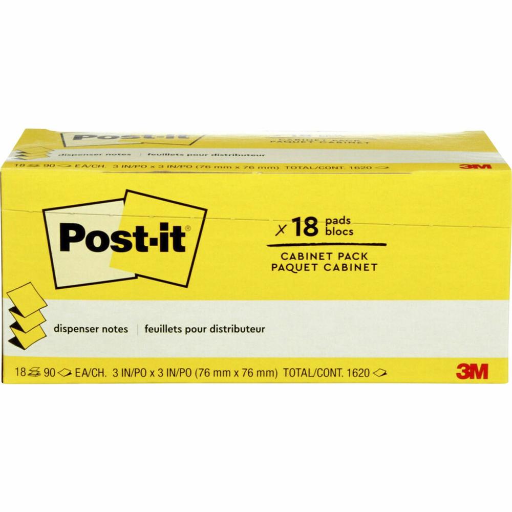 Post-it&reg; Dispenser Notes - 1620 - 3" x 3" - Square - 90 Sheets per Pad - Unruled - Canary Yellow - Paper - Self-adhesive, Removable - 18 / Pack. Picture 5