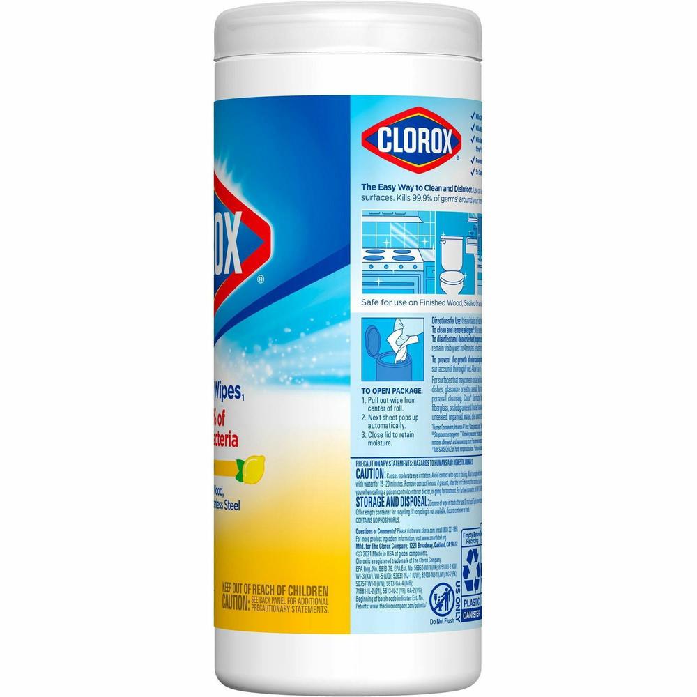 Clorox Disinfecting Cleaning Wipes - Ready-To-Use - Crisp Lemon Scent - 7" Length x 8" Width - 35 / Canister - 12 / Carton - Pleasant Scent, Disinfectant, Pre-moistened, Bleach-free - Yellow. Picture 7