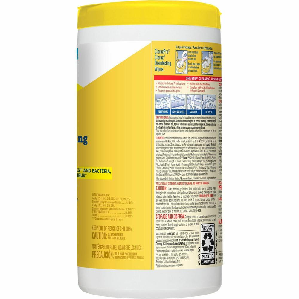 CloroxPro&trade; Disinfecting Wipes - For Multipurpose - Ready-To-Use - Lemon Fresh Scent - 75 / Canister - 6 / Carton - Pleasant Scent, Disinfectant, Pre-moistened, Textured, Streak-free, Bleach-free. Picture 6