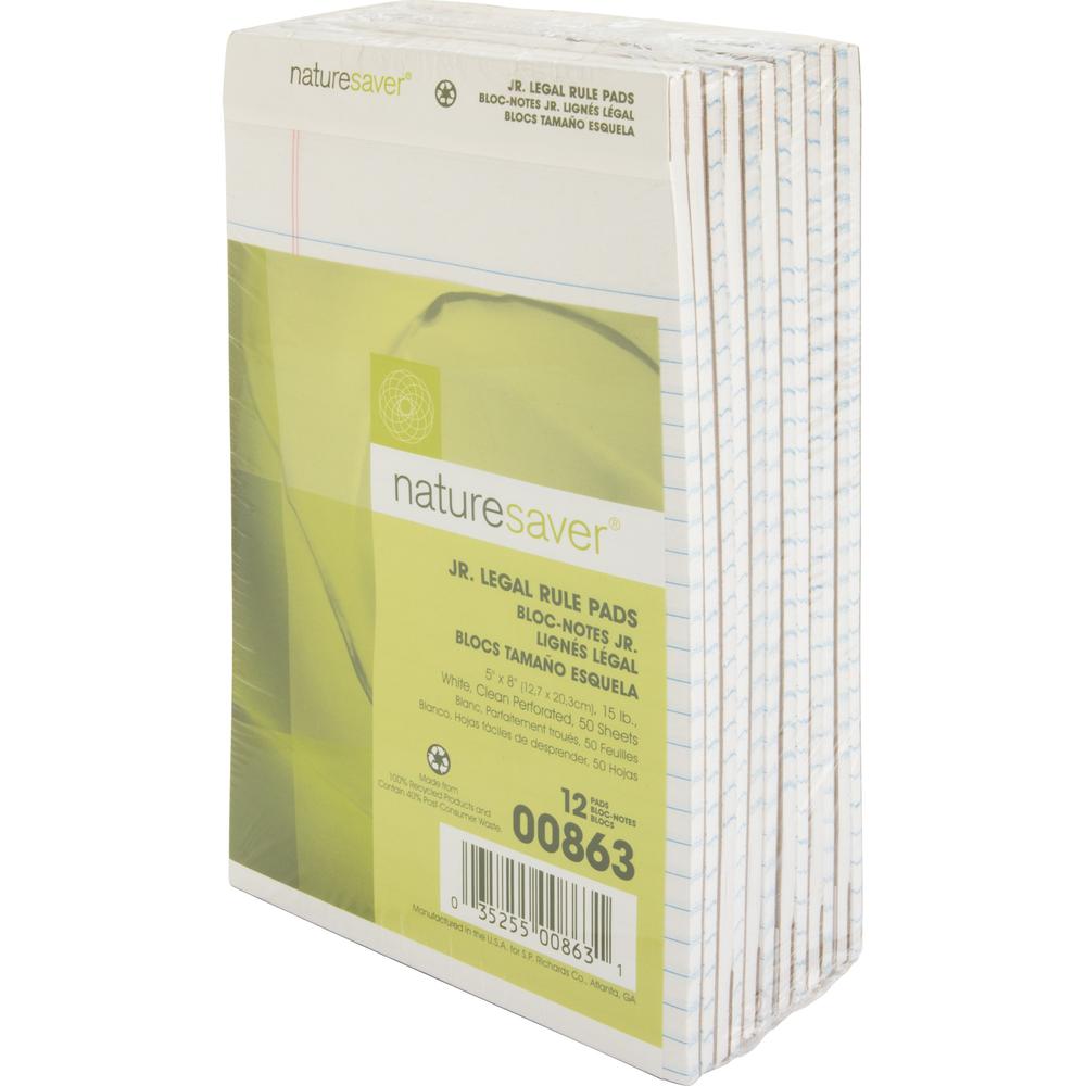 Nature Saver 100% Recycled White Jr. Rule Legal Pads - Jr.Legal - 50 Sheets - 0.28" Ruled - 15 lb Basis Weight - Jr.Legal - 5" x 8" - White Paper - Perforated, Back Board - Recycled - 1 Dozen. Picture 2