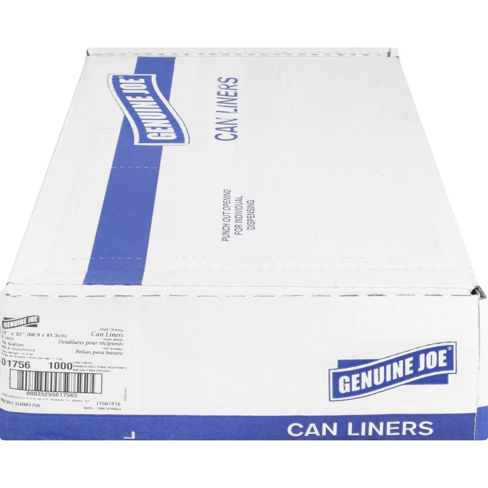 Genuine Joe High-density Can Liners - Small Size - 16 gal - 24" Width x 32" Length x 0.31 mil (8 Micron) Thickness - High Density - Clear - Resin - 1000/Carton - Office Waste, Industrial Trash. Picture 2