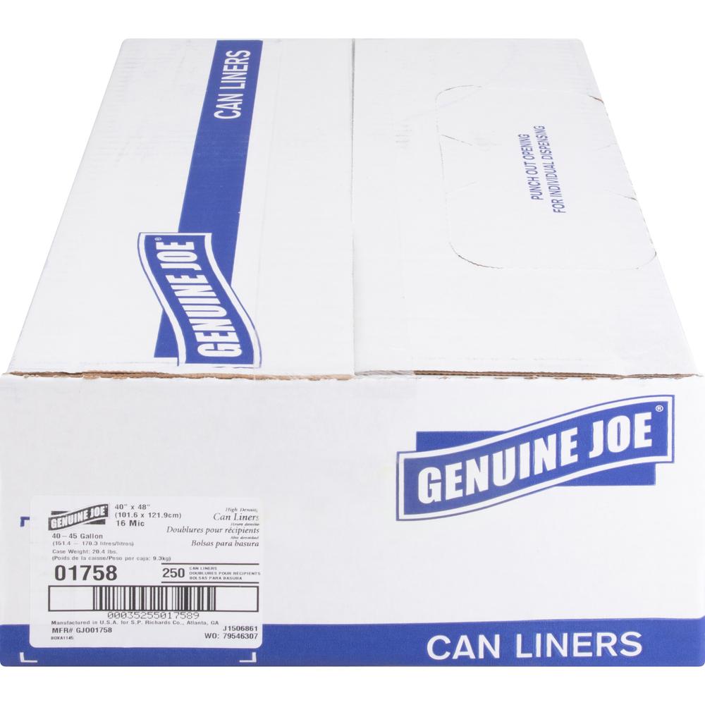 Genuine Joe High-density Can Liners - Large Size - 45 gal - 40" Width x 48" Length x 0.63 mil (16 Micron) Thickness - High Density - Clear - Resin - 250/Carton - Office Waste, Industrial Trash. Picture 5