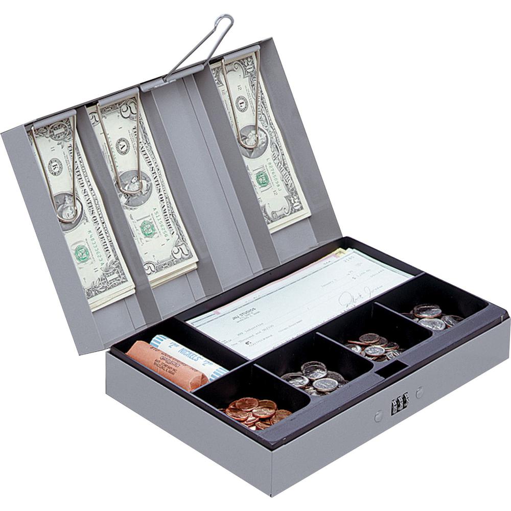 Sparco Steel Combination Lock Steel Cash Box - 6 Coin - Steel - Gray - 3.2" Height x 11.5" Width x 7.8" Depth. Picture 4