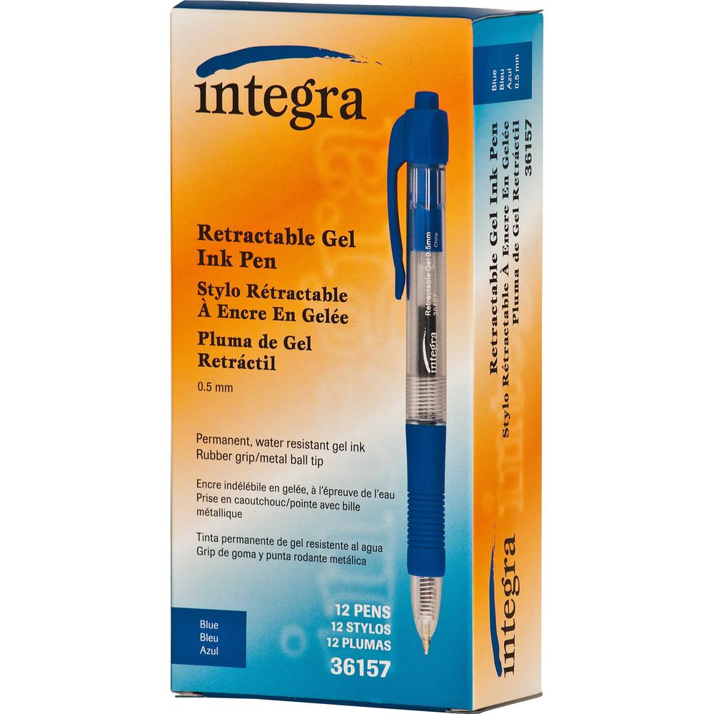Integra Retractable 0.5mm Gel Pens - Fine Pen Point - 0.5 mm Pen Point Size - Retractable - Blue Gel-based Ink - Blue Barrel - Metal Tip - 1 Dozen. Picture 3